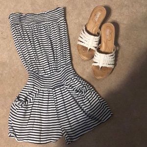 SOLD Blue and White Striped Romper with Pockets